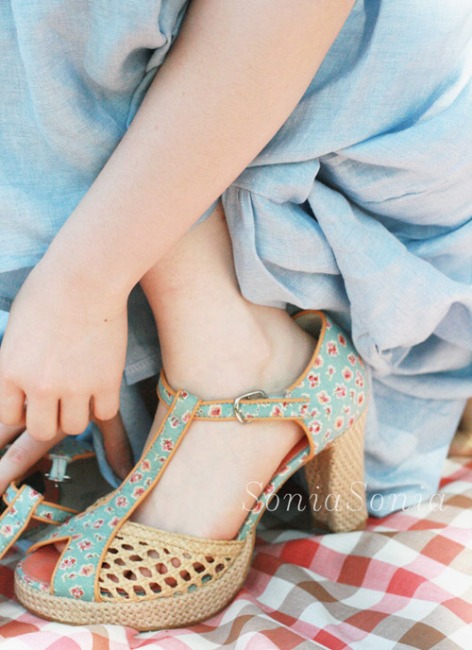 [2077] Blue flower fabric summer shoes